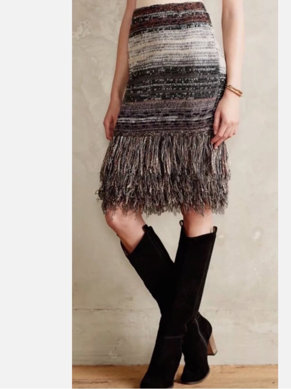 Anthropologie Cecilia Prado Size S Petite Glinted Fringe Knit Skirt Metallic
